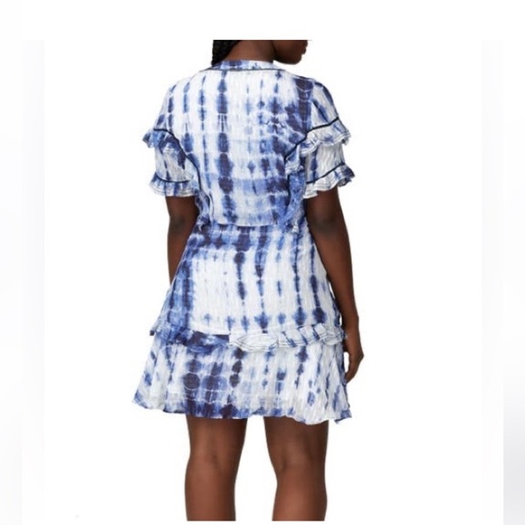 Tanya Taylor Dress Womens Size 6 White Blue Rhett Mini Silk Cotton Ruffle - Picture 2 of 8